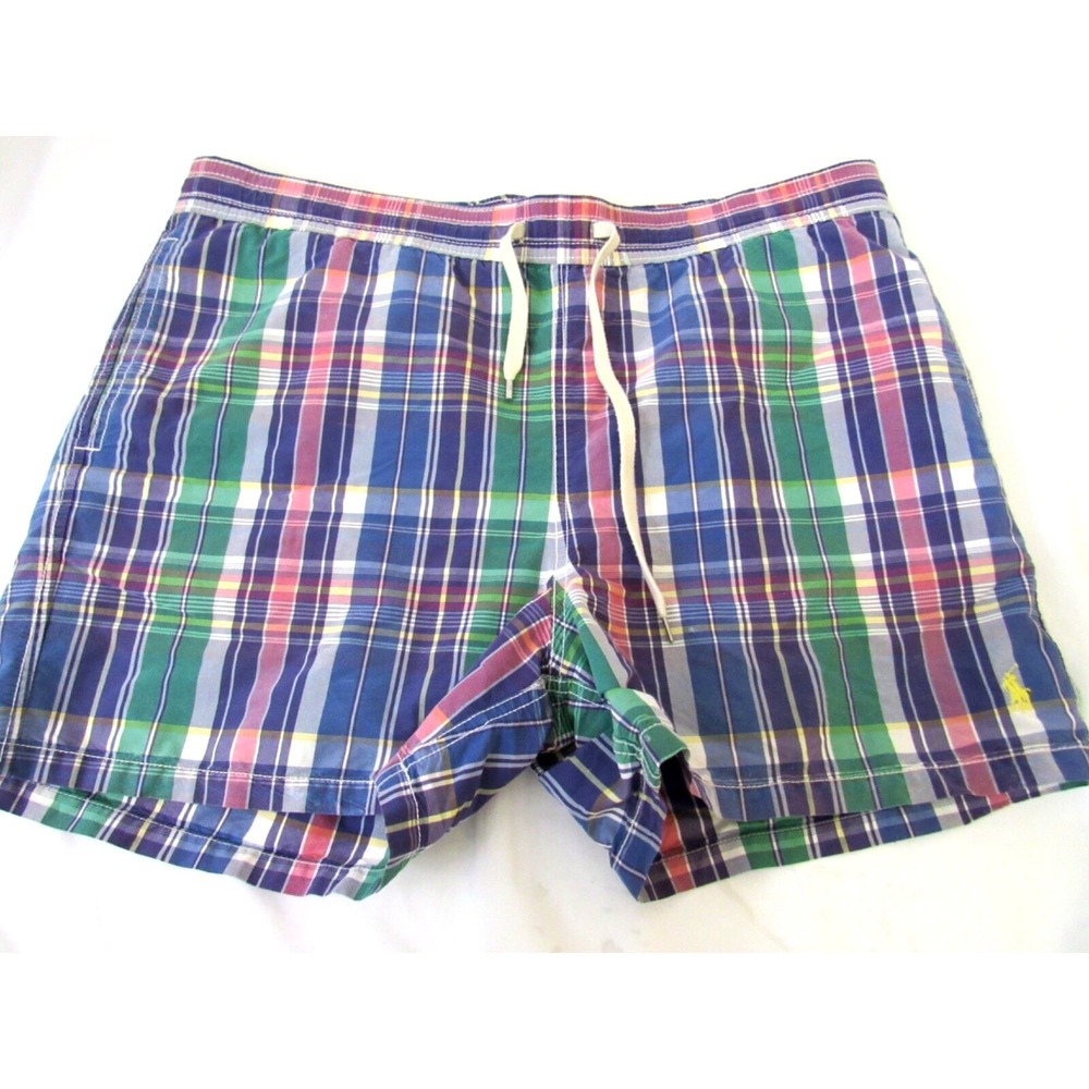 Polo Ralph‎ Lauren Madras Multi-color Plaid Swim Trunks L  Shorts Beach